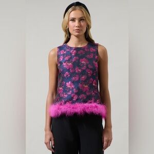 NWT SUGARLIPS Lorna Jacquard Floral Feather Trim Sleeveless Top Pink Navy XL
